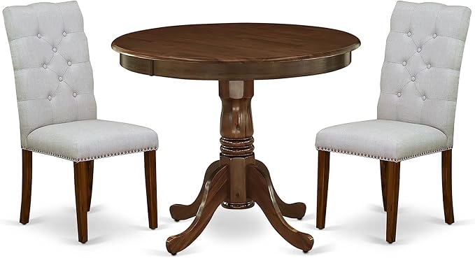 East West Furniture ANEL3-AWA-05 Antique 3 Piece Dining Set for Small Spaces Consist of a Round Kitchen Table with Pedestal and 2 Parson Chairs, 36x36 Inch - LeafyLoom