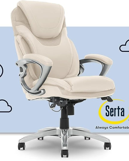 Serta Bryce Executive Office Chair, Ergonomic Computer DeskChair with Patented AIR Lumbar Technology, Comfortable Layered Body Pillows for Cushioning, SertaQuality Foam, Bonded Leather, Cream White - LeafyLoom