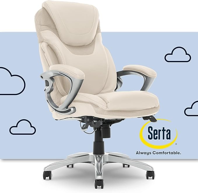 Serta Bryce Executive Office Chair, Ergonomic Computer DeskChair with Patented AIR Lumbar Technology, Comfortable Layered Body Pillows for Cushioning, SertaQuality Foam, Bonded Leather, Cream White - LeafyLoom