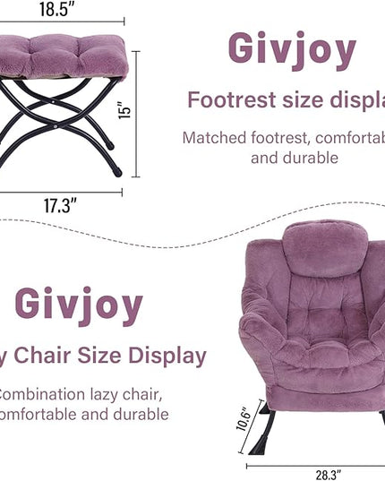 Plush Lazy Chair and Ottoman, Large Contemporary Accent Lounge Chair with Armrests and a Side Pocket, Modern Leisure Upholstered Sofa Reading Armchair with Footrest for Bedroom, Living Room - LeafyLoom