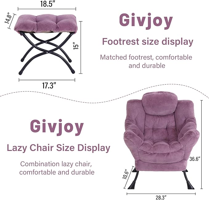 Plush Lazy Chair and Ottoman, Large Contemporary Accent Lounge Chair with Armrests and a Side Pocket, Modern Leisure Upholstered Sofa Reading Armchair with Footrest for Bedroom, Living Room - LeafyLoom