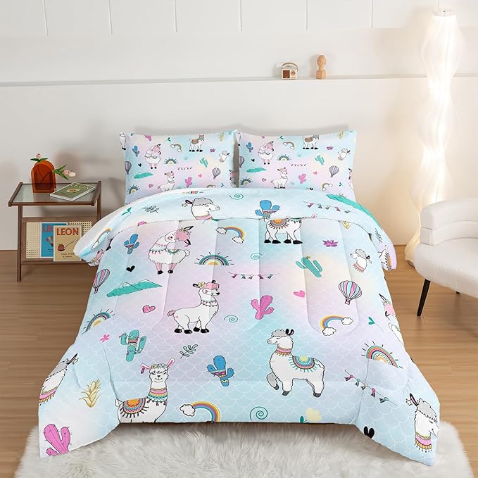 HOSIMA 3 Piece Cartoon Animal Llama Comforter,Cute Alpaca Toddler Comforter,Desert Cactus Plant Full Size Bed in a Bag Set for Adults Kids,Fish Scales Comforter Rainbow Bedding Sets for Girls Boys. - LeafyLoom