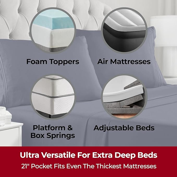Mellanni Extra Deep Queen Sheets - 4 PC Iconic Collection Bedding Sheets & Pillowcases - Hotel Luxury, Ultra Soft, Cooling Bed Sheets - Extra Deep Pocket up to 21 inch (Queen, Navy Blue) - LeafyLoom