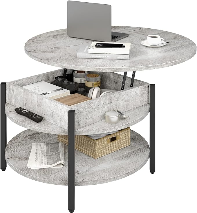 FABATO Round Lift Top Coffee Table, 35.43’’ Circle Coffee Table with Storage for Living Room Reception Room, Farmhouse 2 Tier Large Round Dining Table, Wood, Gray - LeafyLoom