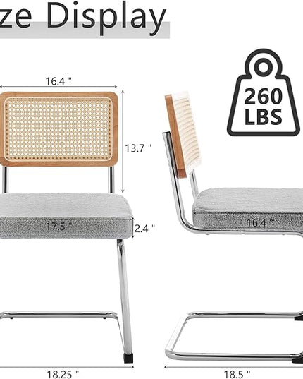 Rattan Dining Chairs Set of 2, Mid Century Modern Sherpa Dining Room Kitchen Chairs with Cane Back, Metal Chrome Legs, Upholstered Wicker Armless Accent Chairs, Grey - LeafyLoom