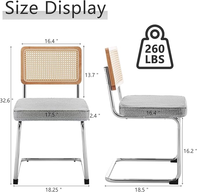 Rattan Dining Chairs Set of 2, Mid Century Modern Sherpa Dining Room Kitchen Chairs with Cane Back, Metal Chrome Legs, Upholstered Wicker Armless Accent Chairs, Grey - LeafyLoom