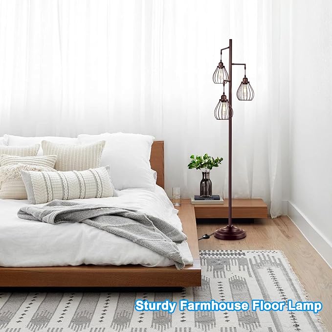 Lakumu Floor Lamp for Living Room, Brown Floor Standing Lamp with 3 Elegant Teardrop Cage Heads & ST58 4W 2700K Edison LED Bulbs, Sturdy Base Tall Vintage Pole Light, Rustic Floor Lamp for Bedroom - LeafyLoom