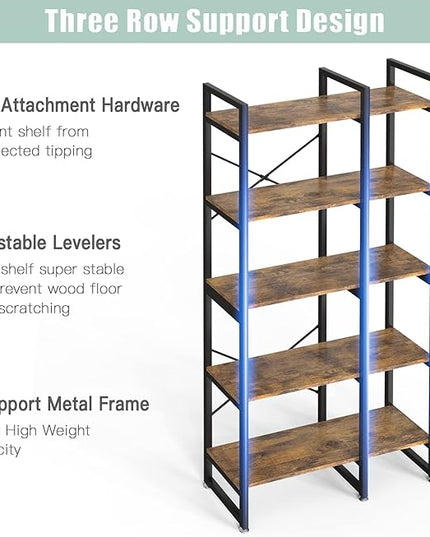 5 Tier Bookshelf and Bookcase, Rustic Industrial Bookshelf, Large Etagere Bookshelf Open Display Shleves with Metal Frame for Living Room Bedroom Home Office - LeafyLoom