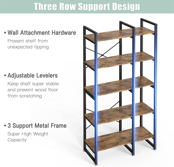 5 Tier Bookshelf and Bookcase, Rustic Industrial Bookshelf, Large Etagere Bookshelf Open Display Shleves with Metal Frame for Living Room Bedroom Home Office - LeafyLoom