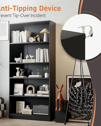5-Tier Bookshelf, Wood Display Storage Shelves 67.3" Tall Bookcase Open Bookshelf for Home Office, Living Room and Bedroom, Black - LeafyLoom