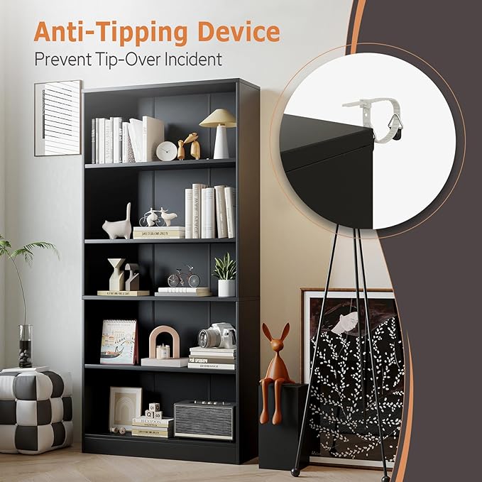5-Tier Bookshelf, Wood Display Storage Shelves 67.3" Tall Bookcase Open Bookshelf for Home Office, Living Room and Bedroom, Black - LeafyLoom