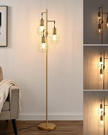 EDISHINE Industrial Dimmable Floor Lamp Gold, Farmhouse Standing Lamp for Living Room with 3 LED Edison Bulbs, Modern Tall Standing Corner Lamp with Metal Diamond Cage for Bedroom, Office - LeafyLoom