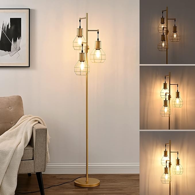 EDISHINE Industrial Dimmable Floor Lamp Gold, Farmhouse Standing Lamp for Living Room with 3 LED Edison Bulbs, Modern Tall Standing Corner Lamp with Metal Diamond Cage for Bedroom, Office - LeafyLoom