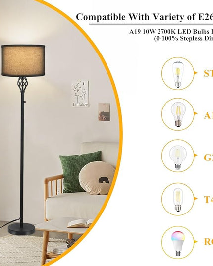 Dimmable Floor lamp, Floor Lamps for Living Room, Modern Standing Lamp with Black Linen Shade, Rotary Switch, 10W LED Bulb(1000LM, 2700K), Reading Tall Floor Lamp for Bedroom Office Dinning Room - LeafyLoom
