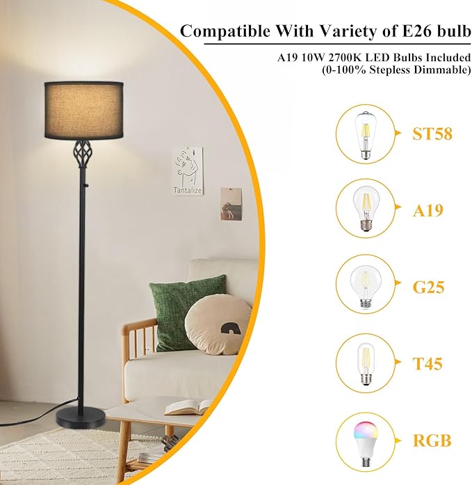 Dimmable Floor lamp, Floor Lamps for Living Room, Modern Standing Lamp with Black Linen Shade, Rotary Switch, 10W LED Bulb(1000LM, 2700K), Reading Tall Floor Lamp for Bedroom Office Dinning Room - LeafyLoom