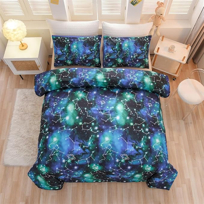 Holawakaka Tie Dye Constellation Print Ombre Comforter Set Queen Size Girls Boys Gradient Galaxy Bedding Set (Black Green,Queen) - LeafyLoom