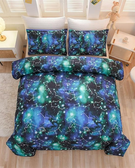 Holawakaka Tie Dye Constellation Print Ombre Comforter Set Full Size Girls Boys Gradient Galaxy Bedding Set (Black Green,Full) - LeafyLoom