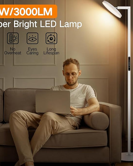OUTON LED Torchiere Floor Lamp, Bright Dimmable Standing Lamp with Remote Touch Control, 4 Color Temperature, Memory Function, Timer for Living Room, Bedroom Office (Pearl White) - LeafyLoom