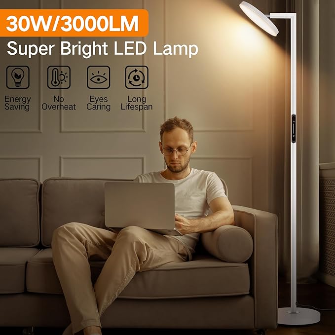 OUTON LED Torchiere Floor Lamp, Bright Dimmable Standing Lamp with Remote Touch Control, 4 Color Temperature, Memory Function, Timer for Living Room, Bedroom Office (Pearl White) - LeafyLoom