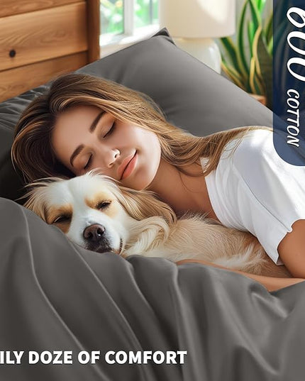Shilucheng 100% Cotton Queen Size Sheets Set - 600 Thread Count，Luxury Egyptian Cotton Bed Sheets，5-Star Hotel Quality Sheets, Breathable & Cooling, 16 Inch Deep Pocket - 4 Piece (Dark Grey, Queen) - LeafyLoom