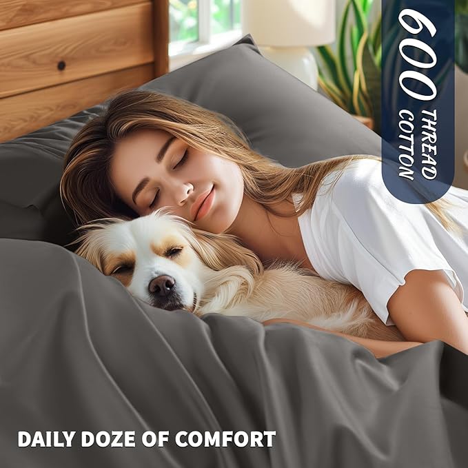 Shilucheng 100% Cotton Queen Size Sheets Set - 600 Thread Count，Luxury Egyptian Cotton Bed Sheets，5-Star Hotel Quality Sheets, Breathable & Cooling, 16 Inch Deep Pocket - 4 Piece (Dark Grey, Queen) - LeafyLoom
