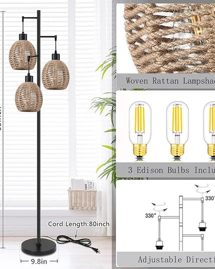 Rattan Floor Lamp for Living Room,Bedroom,Tree 3 Lights Boho Floor Lights Industrial Black Farmhouse Wicker Standing Lamp Rustic Tall Lamp,Woven Bamboo Lamp Shade Floor Lamps Bohemian - LeafyLoom