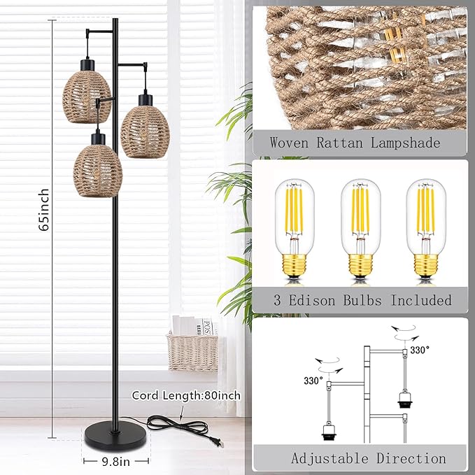 Rattan Floor Lamp for Living Room,Bedroom,Tree 3 Lights Boho Floor Lights Industrial Black Farmhouse Wicker Standing Lamp Rustic Tall Lamp,Woven Bamboo Lamp Shade Floor Lamps Bohemian - LeafyLoom