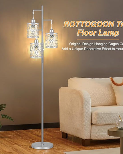 68" Farmhouse floor lamp, Dimmable Industrial Floor Lamps for Living Room, 3 Light Rustic Standing Tall Lamp Including 3 PCS 6W Edison Bulbs, Tree Floor Lamp for Bedrooms Room, Office, Bar, Silver - LeafyLoom
