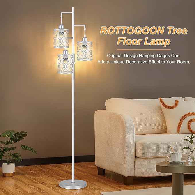 68" Farmhouse floor lamp, Dimmable Industrial Floor Lamps for Living Room, 3 Light Rustic Standing Tall Lamp Including 3 PCS 6W Edison Bulbs, Tree Floor Lamp for Bedrooms Room, Office, Bar, Silver - LeafyLoom