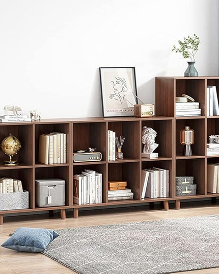 IOTXY Freestanding Open Cubes Bookcase - 2-Tier Floor Standing Wooden Storage Display Cabinet Organizer with Legs for Home Office, 4-Cubes Open Shelf Low Short Bookshelf, Walnut - LeafyLoom