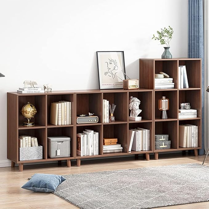 IOTXY Freestanding Open Cubes Bookcase - 2-Tier Floor Standing Wooden Storage Display Cabinet Organizer with Legs for Home Office, 4-Cubes Open Shelf Low Short Bookshelf, Walnut - LeafyLoom