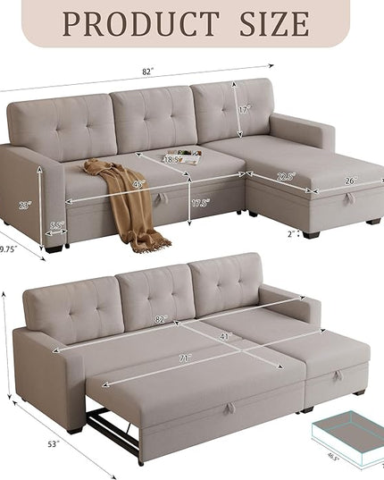 82" Sectional Sofa with Storage Chaise & Pull-Out Bed,L-Shape Convertible 3 Seater Couch W/Tufted Backrest,Reversible Sleeper for Living Room Apartment Office, Beige3 - LeafyLoom