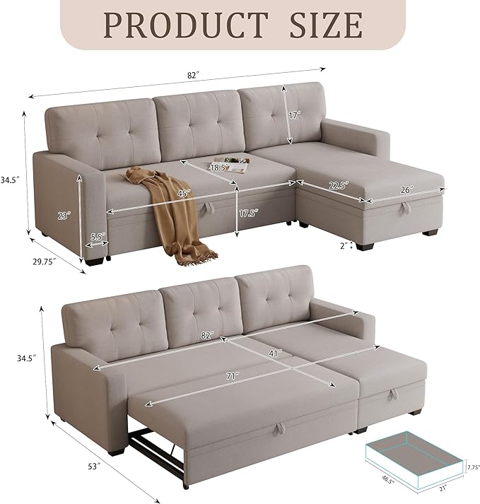 82" Sectional Sofa with Storage Chaise & Pull-Out Bed,L-Shape Convertible 3 Seater Couch W/Tufted Backrest,Reversible Sleeper for Living Room Apartment Office, Beige3 - LeafyLoom
