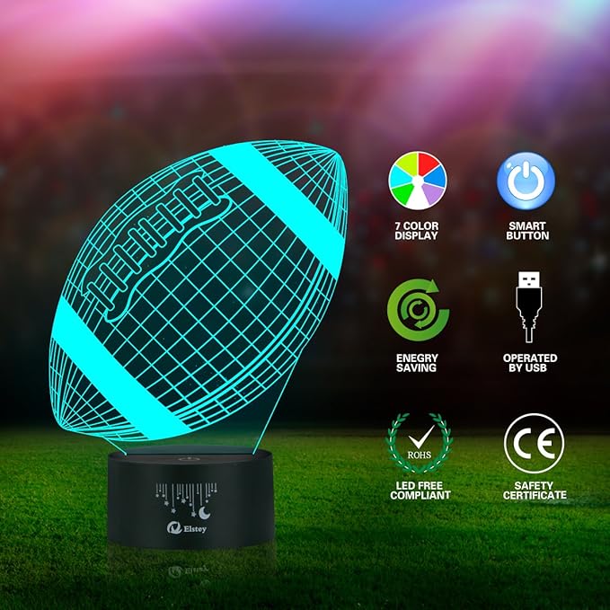 Elstey Football 3D Lamp Optical Illusion Night Light, 7 Color Changing Touch Switch Acrylic Flat & ABS Base & USB Cable Decoration Lamps for Christmas Gift - LeafyLoom
