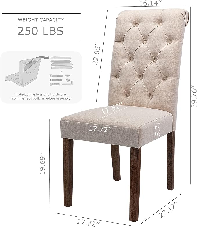COLAMY Tufted Dining Room Chairs Set of 4, Parsons Diner Chairs Upholstered Fabric Side Kitchen Chairs with Solid Wood Legs and Padded Seat - Beige - LeafyLoom