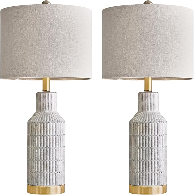 25" Table Lamps Set of 2 - Bedside Lamps - Modern Lamps for Living Room - White Washed Ceramic Bedroom Lamps Set of 2 - Nightstand Lamps - LeafyLoom
