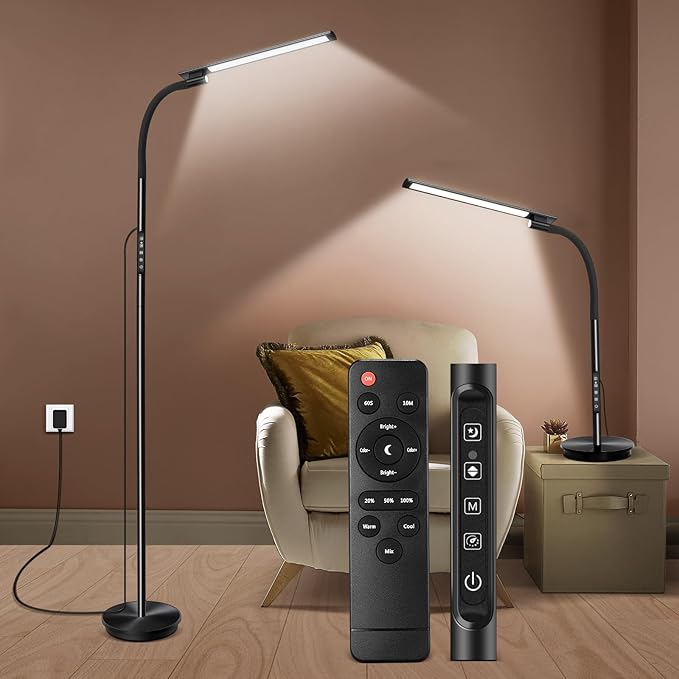 LED Floor Lamp, Floor Lamps for Living Room with Night Light & 5 Colors & 5 Brightness, Adjustable Gooseneck Floor Reading Lamp with Remote & Touch Control, Tall Standing Floor Lamp for Bedroom Office - LeafyLoom