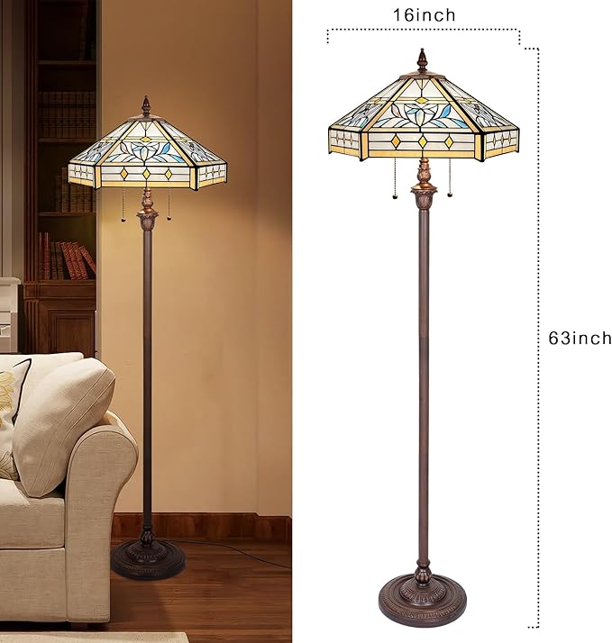 Capulina Tiffany Floor Lamp 2-Light 16X16X63 Inches Mission Hexagon Style Stained Glass Standing Reading Light for Living Room Bedroom Home Office - LeafyLoom