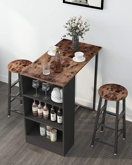 sogesfurniture 3-Piece Bar Table Set, 35.8inches Dining Room Set Dining Table with 2 Stool, Dining Table with 3 Open Storage Shelves for Dining Room, Living Room, Brown - LeafyLoom