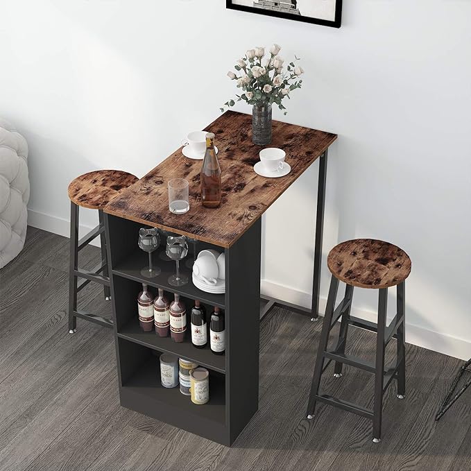 sogesfurniture 3-Piece Bar Table Set, 35.8inches Dining Room Set Dining Table with 2 Stool, Dining Table with 3 Open Storage Shelves for Dining Room, Living Room, Brown - LeafyLoom