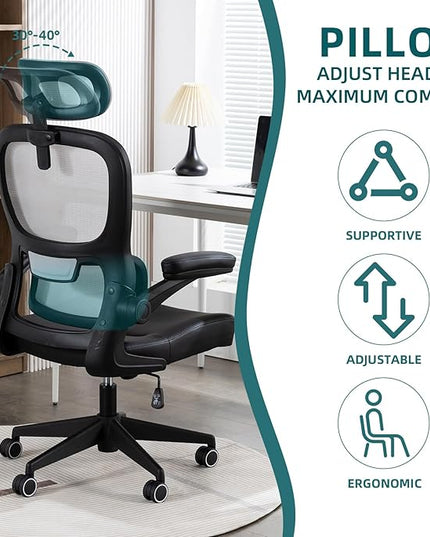 Home Office Chair High Back Computer Desk Chair Ergonomic Task Chair Executive Chair with Lumbar Support Recliner Chair with Adjustable Headrest,Flip-up Armrests (Gray with Nylon Base) - LeafyLoom