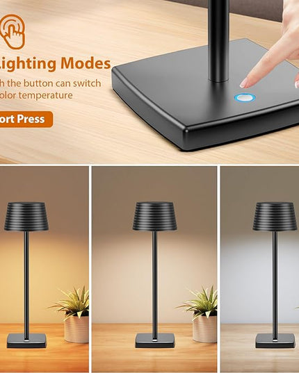 Rechargeable Cordless Table Lamp, Battery 5000mAh Metal Aluminum Housing USB LED Portable Powered Desk Lamp, 3 Levels Brightness Night Light for Restaurants Bars Outdoor (black) - LeafyLoom