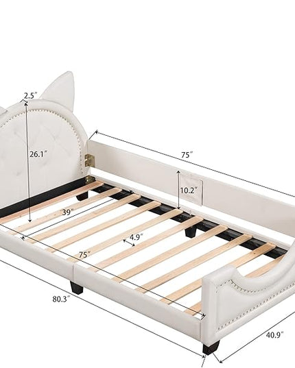Twin Size Upholstered Daybed, Wooden Low Platform Bed Frame with Carton Ears Shaped Headboard, Rails for Kids Girls Boys, White - LeafyLoom