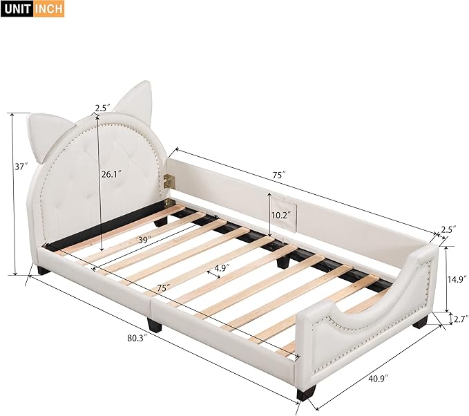 Twin Size Upholstered Daybed, Wooden Low Platform Bed Frame with Carton Ears Shaped Headboard, Rails for Kids Girls Boys, White - LeafyLoom