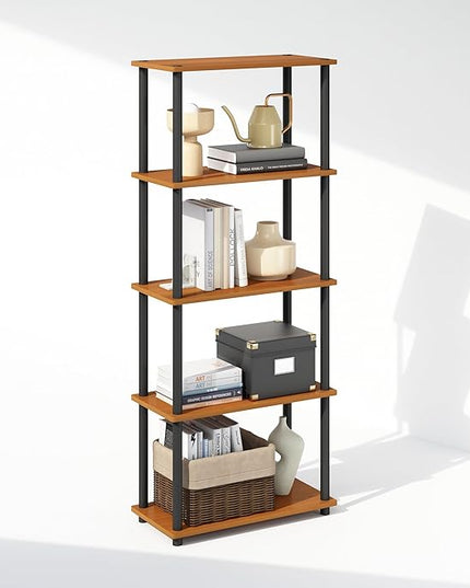 Furinno Turn-N-Tube 5-Tier Multipurpose Compact Display Rack, Shelving Unit, Bookcase, Light Cherry/Black - LeafyLoom