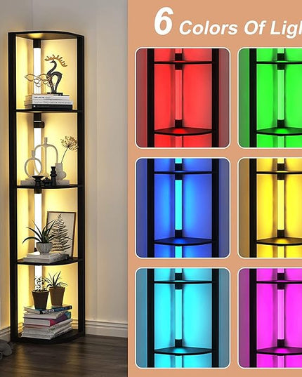 VTRIN Corner Shelf with Light, Modern Home Decor Stand Floor Lamps with Storage Shelves for Collectibles, Sturdy 5-Tier Corner Bookshelf Cabinet Display Shelf for Living Room Bedroom Small Space - LeafyLoom