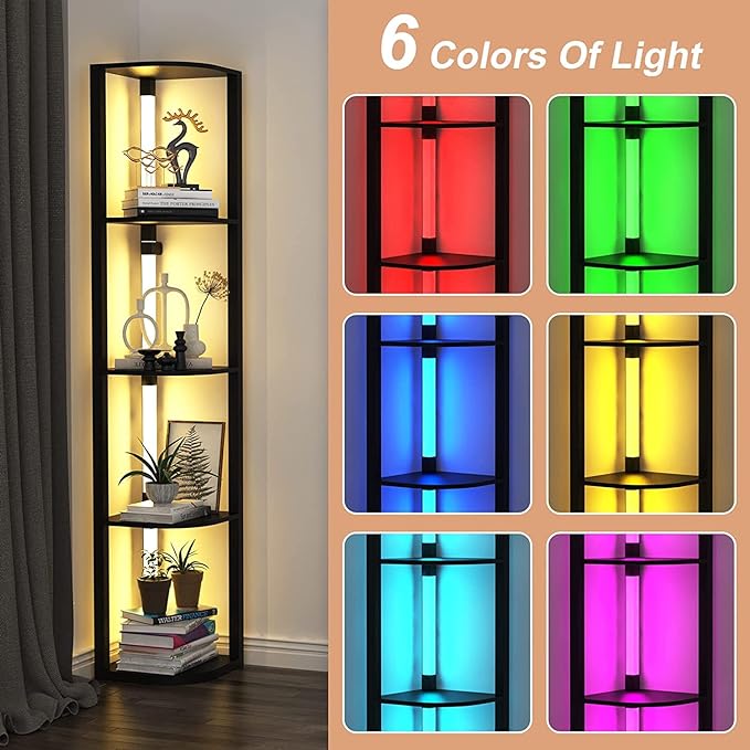 VTRIN Corner Shelf with Light, Modern Home Decor Stand Floor Lamps with Storage Shelves for Collectibles, Sturdy 5-Tier Corner Bookshelf Cabinet Display Shelf for Living Room Bedroom Small Space - LeafyLoom