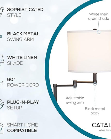 Catalina Lighting 24288-000 Traditional Swing Arm Floor Lamp for Office, Living Room, Dorm or Bedroom, Smart Home Compatible, Bulb Not Included, 60", Black - LeafyLoom