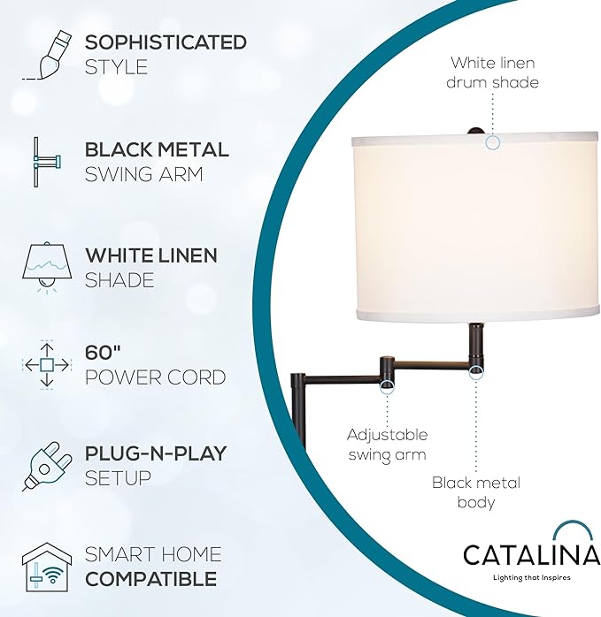 Catalina Lighting 24288-000 Traditional Swing Arm Floor Lamp for Office, Living Room, Dorm or Bedroom, Smart Home Compatible, Bulb Not Included, 60", Black - LeafyLoom