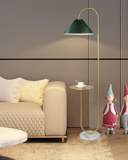 Modern Elegant with Tray Floor Lamp for Office Cafe Den Living Room Bedroom, Foot Switch and Brass/Gold Finish,Dark Green Pleated Cloth Lampshade - LeafyLoom